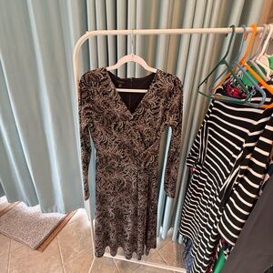Talbots Black and Gray Paisley Long Sleeve Dress